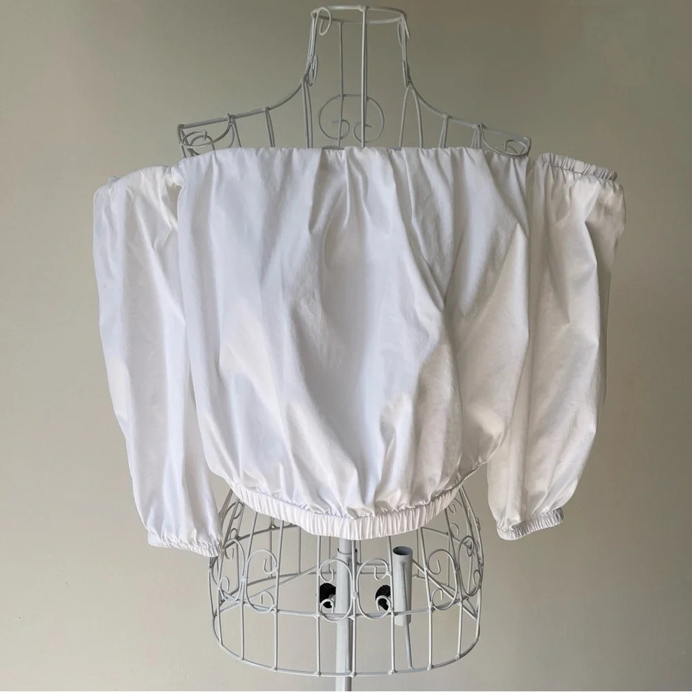 7 for all mankind crop top off shoulders puff 3/4 sleeve cotton white size XS